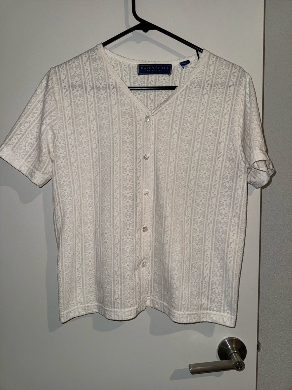 Karen Scott White Short Sleeve Button-Front Knit Top with Subtle Stripe Pattern